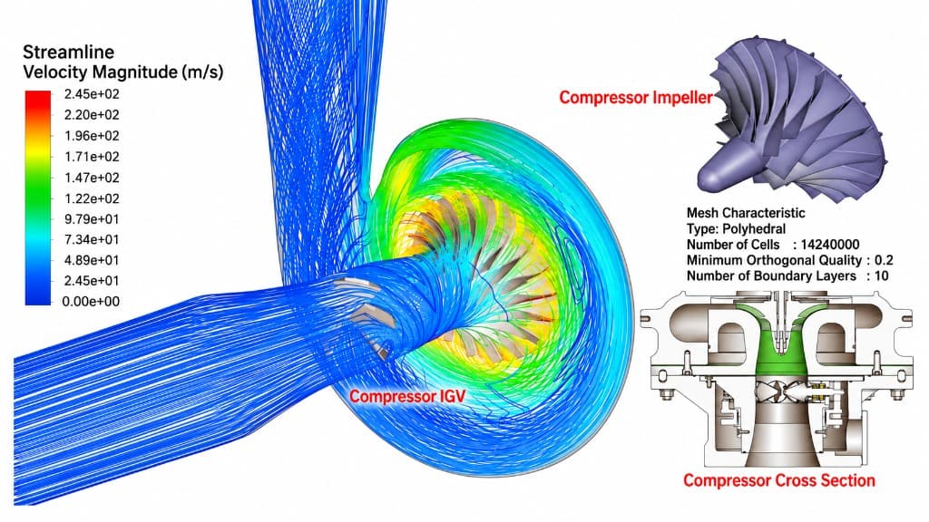 Kompresör CFD akış çizgileri, çark geometrisi ve kesit görünümü